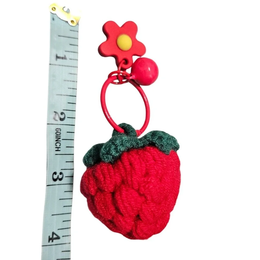 Handmade Crochet Strawberry Keychain Red Fruit Bag Charm Flower Bead Accent 4in